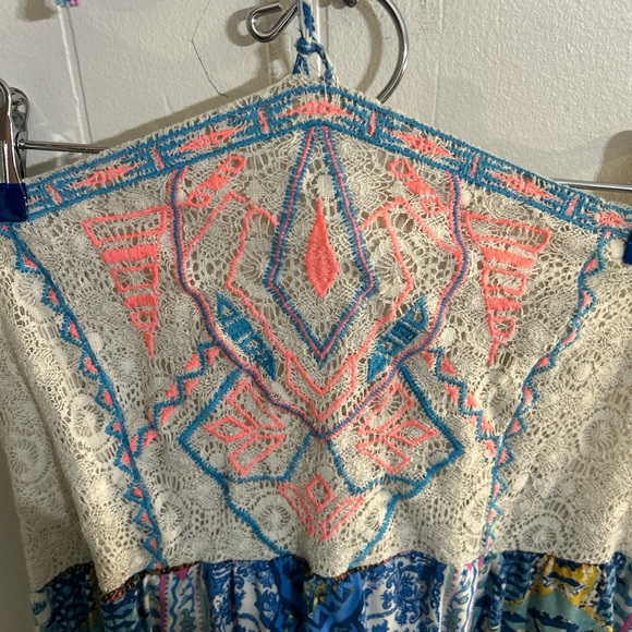 Colorful Boho Maxi Dress- Empire Waist, Crochet Lace Detail, Halter Ties- Size L - Picture 5 of 9